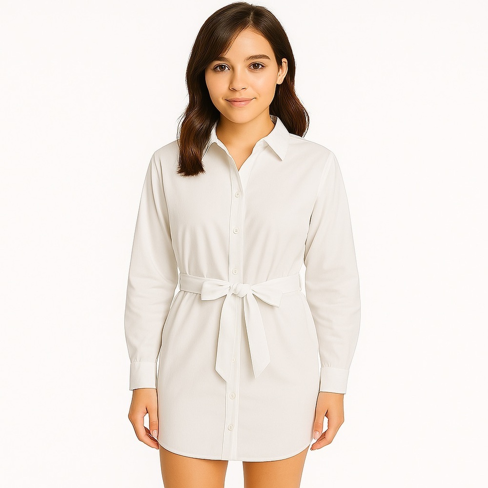 avec les filles white denim long sleeve button up dress mini cotton tie waist